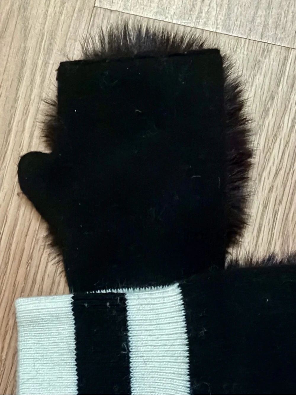 Black Faux Fur Fingerless Mittens with Cream & Black Striped Cuffs
